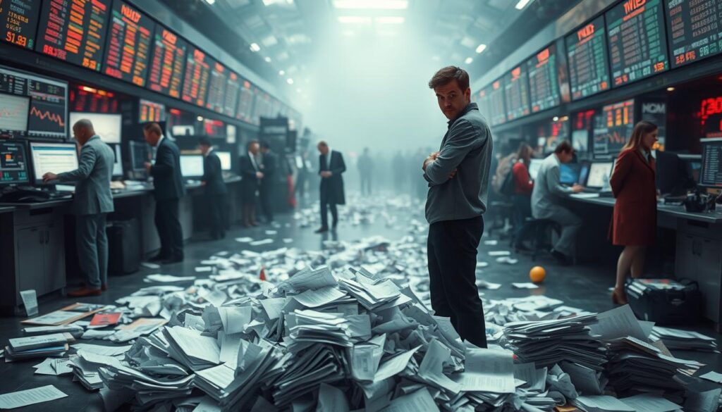 A bustling stock trading floor, with brokers gesticulating animatedly and charts flashing on the screens. In the foreground, a confused newcomer stands, surrounded by a pile of crumpled papers, a bewildered expression on their face. The middle ground is littered with discarded strategies and investment guides, while the background is hazy, suggesting the overwhelming complexity of the financial world. Soft, diffused lighting casts a somber, contemplative mood, hinting at the common pitfalls and mistakes that plague beginner investors. The scene is captured through a wide-angle lens, emphasizing the vastness of the trading landscape and the small, lost figure at the center.