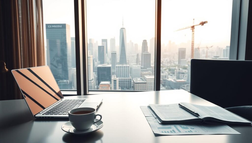 A serene and sophisticated scene of stock investment. In the foreground, a sleek, minimalist desk with a laptop, a cup of coffee, and neatly organized financial documents. The middle ground features a large window overlooking a bustling cityscape, with skyscrapers and cranes in the distance, symbolizing the dynamic nature of the stock market. The background is bathed in soft, warm lighting, conveying a sense of tranquility and focus. The overall atmosphere is one of thoughtful contemplation, highlighting the importance of careful research and strategic decision-making in successful stock investing.