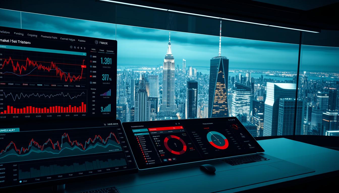 A sleek, modern dashboard displaying sophisticated stock market prediction tools. In the foreground, dynamic graphs and charts visualize complex financial data. The middle ground showcases intuitive risk management controls and customizable alert systems. In the background, a panoramic view of a bustling financial district under a dramatic, cinematic lighting setup. The overall atmosphere conveys a sense of technological prowess, data-driven decision making, and confidence in navigating the unpredictable stock market.