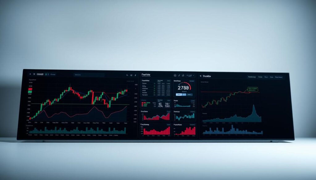 A sleek, modern stock analysis dashboard showcasing real-time data visualizations on a high-resolution display. The dashboard features a clean, minimalist design with a dark color scheme accented by vibrant charts and graphs. In the foreground, a series of interactive line graphs and candlestick charts track stock prices and performance metrics. In the middle ground, a grid of smaller data visualizations displays key indicators like trading volume, market trends, and economic forecasts. The background is a subtle gradient, creating depth and focus on the central dashboard elements. The lighting is soft and directional, creating depth and highlighting the dashboard's crisp, high-tech aesthetic. The overall mood is one of analytical precision and financial sophistication.