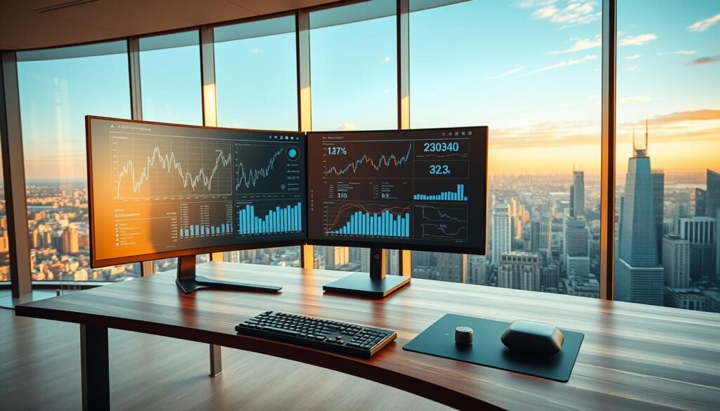A well-lit, modern office workspace featuring a large curved ultrawide monitor displaying intricate financial charts and graphs, powered by an advanced AI analytics system. The desk is made of sleek, dark wood, with a high-end mechanical keyboard, a graphics tablet, and a sophisticated multi-monitor setup. The background showcases a panoramic view of a bustling city skyline through floor-to-ceiling windows, bathed in warm, golden-hour lighting. The overall atmosphere radiates a sense of technological sophistication, productivity, and the future of data-driven investment decision-making.