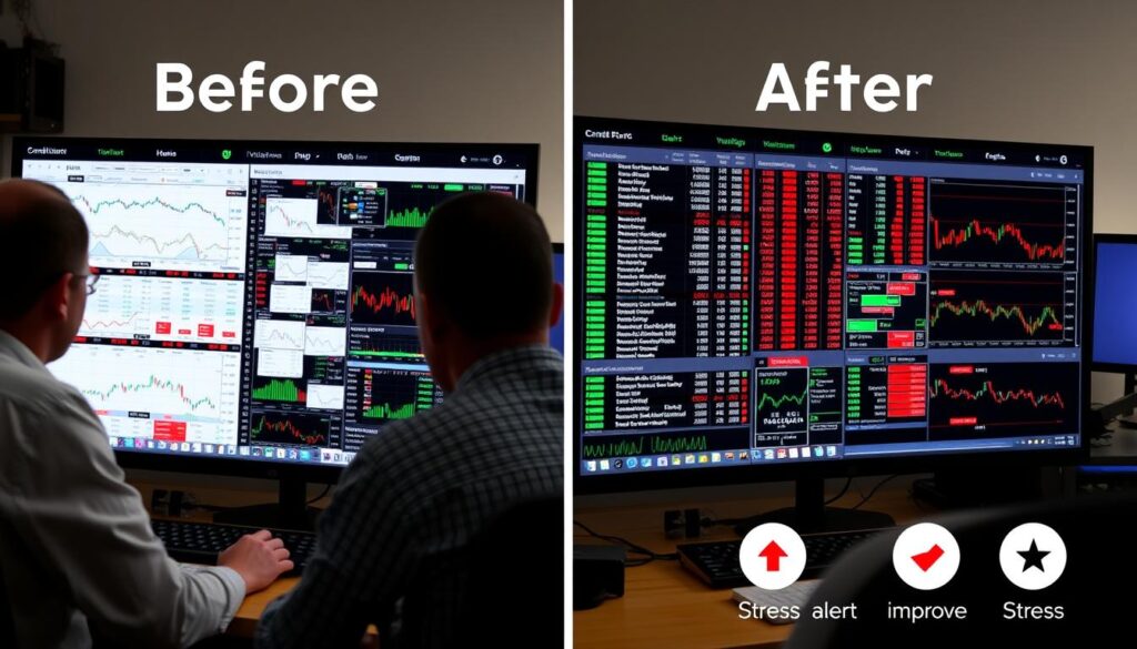 Before and after comparison of a trader's watchlist with and without conditional alerts Before and after comparison of a trader's watchlist with and without conditional alerts