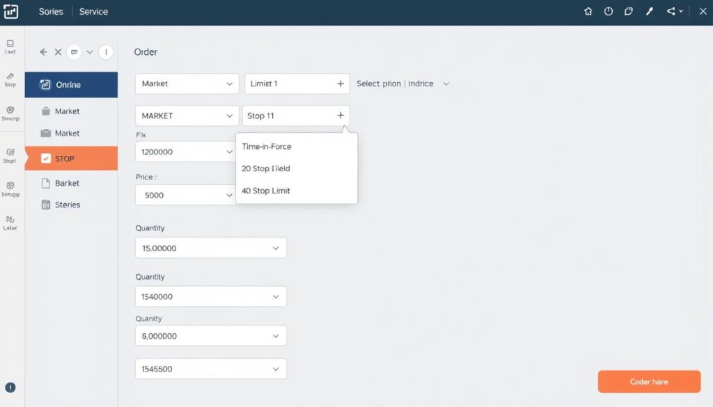 Brokerage platform order entry screen showing different stock trading order types and options Brokerage platform order entry screen showing different stock trading order types and options
