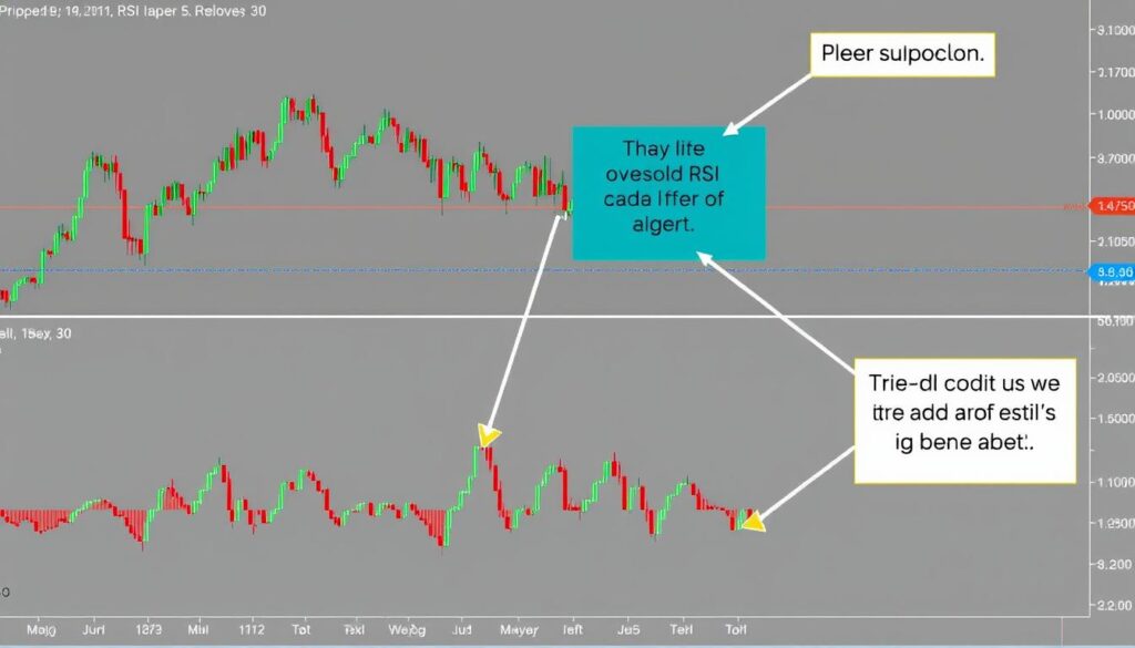 Chart showing RSI indicator in oversold territory with price testing support level Chart showing RSI indicator in oversold territory with price testing support level