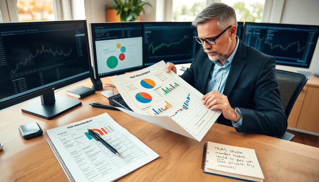 Investor reviewing risk management strategies and stock trading precautions at desk Investor reviewing risk management strategies and stock trading precautions at desk