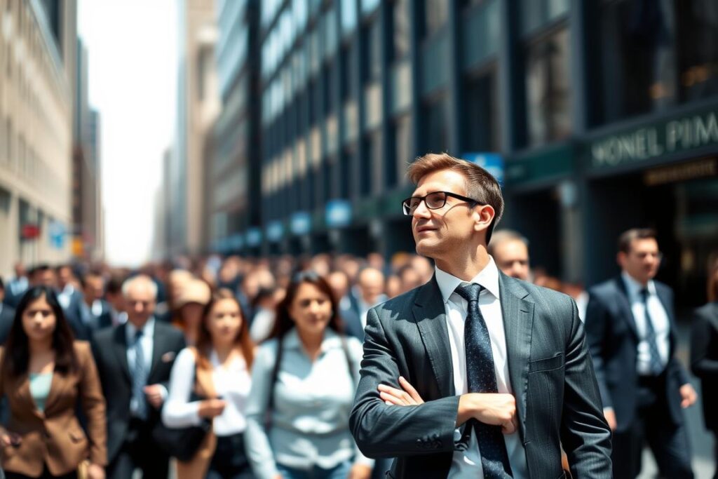 Investor standing apart from the crowd, demonstrating independent thinking Investor standing apart from the crowd, demonstrating independent thinking