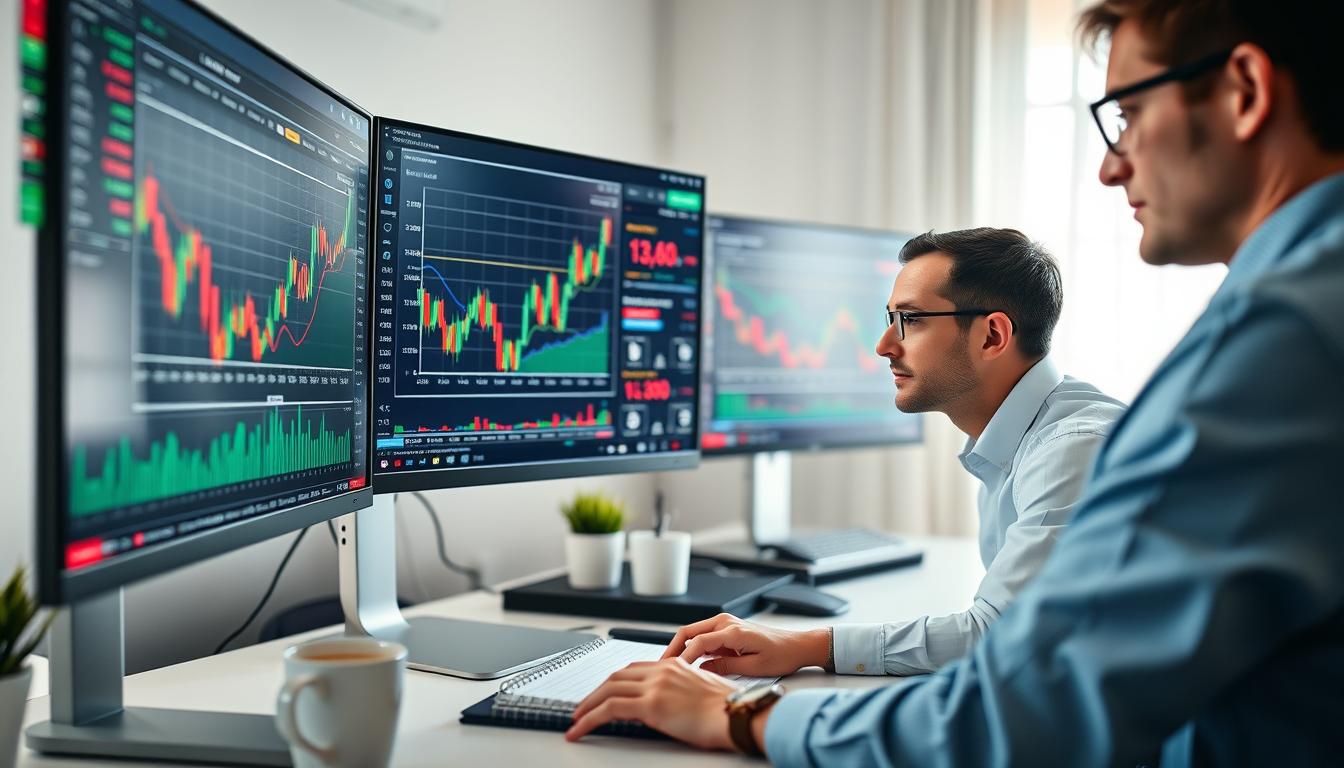 Person analyzing stock market charts on computer screen showing the stock trading process and precautions