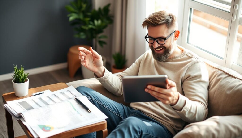 Person confidently reviewing their stock portfolio after implementing proper trading process and precautions Person confidently reviewing their stock portfolio after implementing proper trading process and precautions