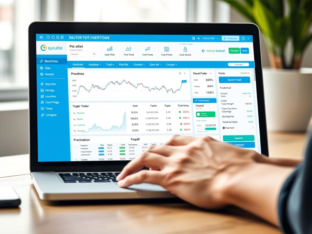 Person using online brokerage platform on laptop showing stock trading process interface Person using online brokerage platform on laptop showing stock trading process interface