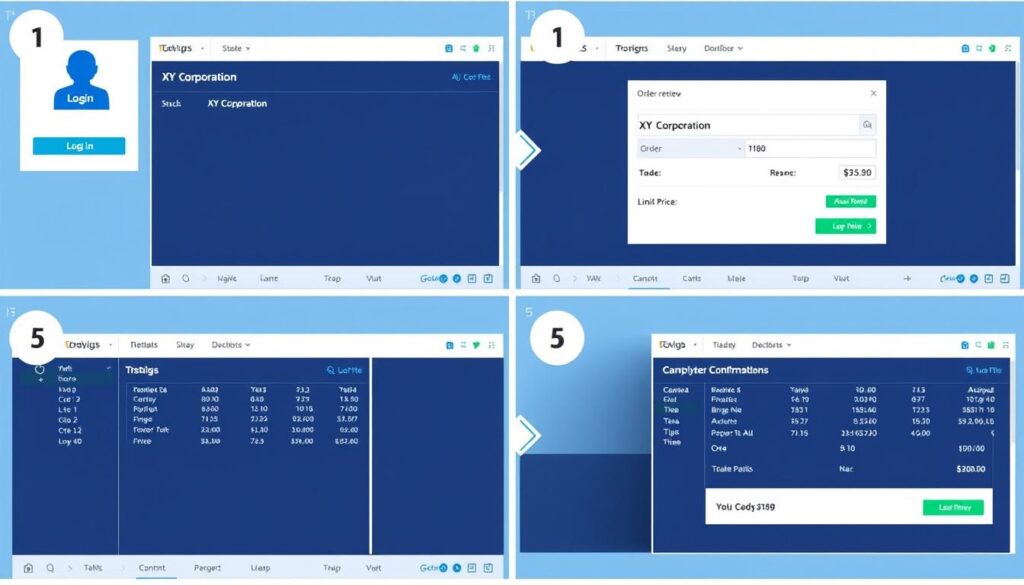 Step-by-step visual guide showing the stock trading process from login to confirmation Step-by-step visual guide showing the stock trading process from login to confirmation