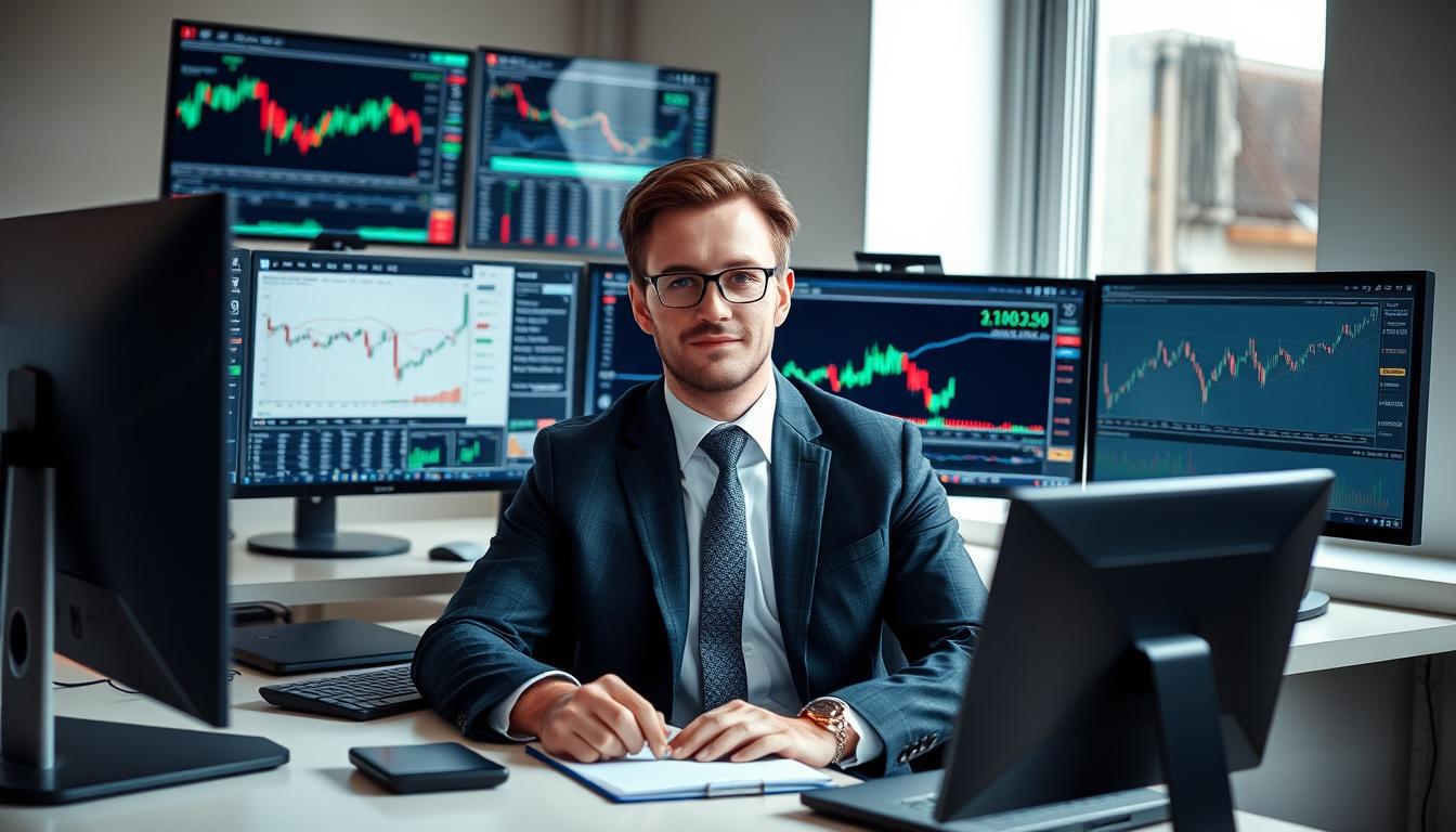 Successful investor analyzing market data with a calm, focused mindset