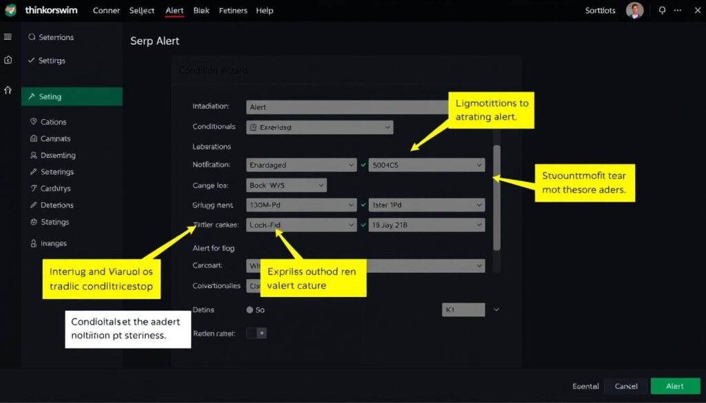 Thinkorswim platform interface showing conditional alert setup process Thinkorswim platform interface showing conditional alert setup process