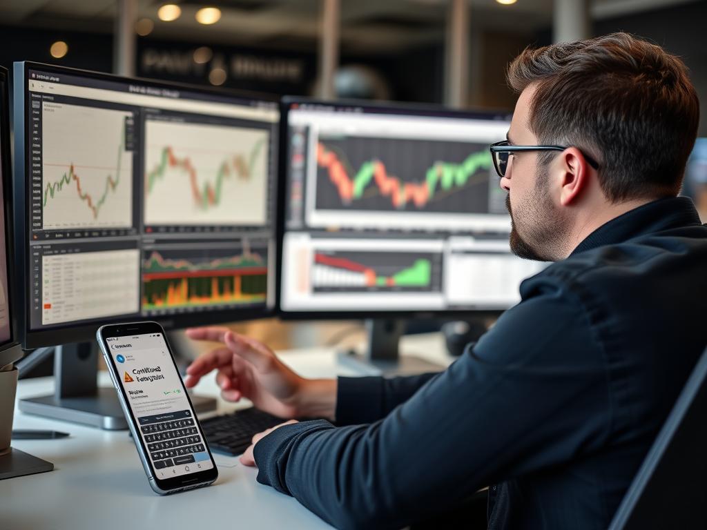 Trader analyzing charts with phone showing alert notifications nearby Trader analyzing charts with phone showing alert notifications nearby