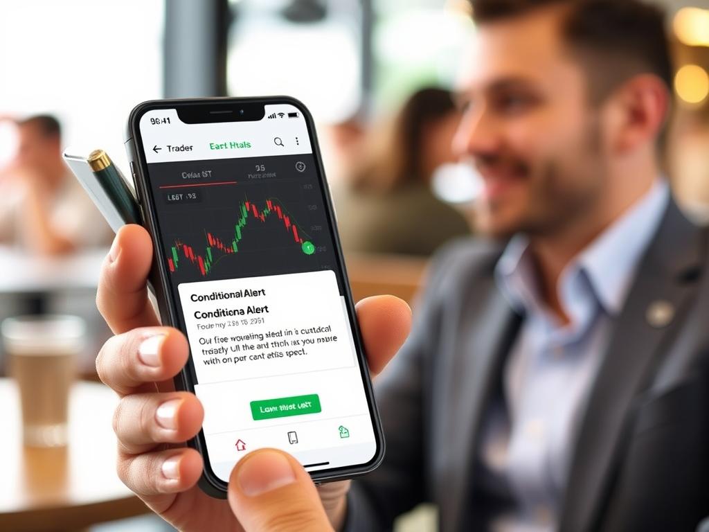 Trader receiving conditional alert notification on mobile phone while away from desk Trader receiving conditional alert notification on mobile phone while away from desk