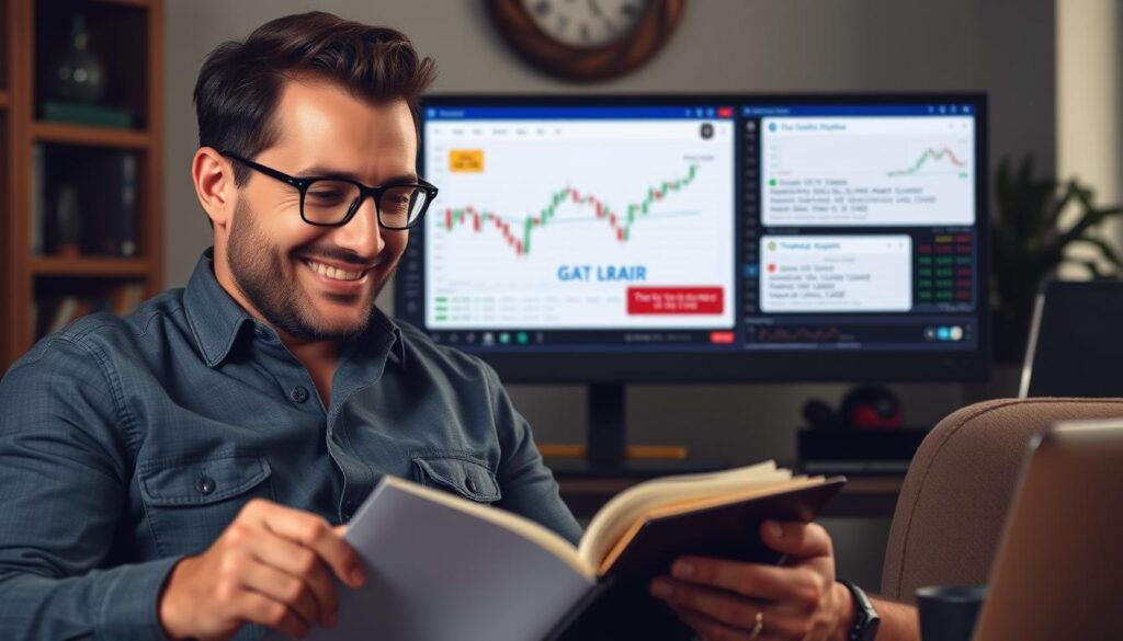 Trader reviewing successful trades captured through conditional alerts Trader reviewing successful trades captured through conditional alerts