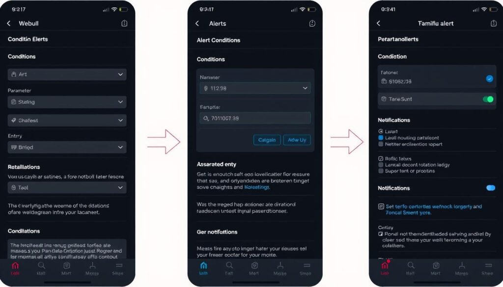 Webull mobile app showing conditional alert setup screens Webull mobile app showing conditional alert setup screens