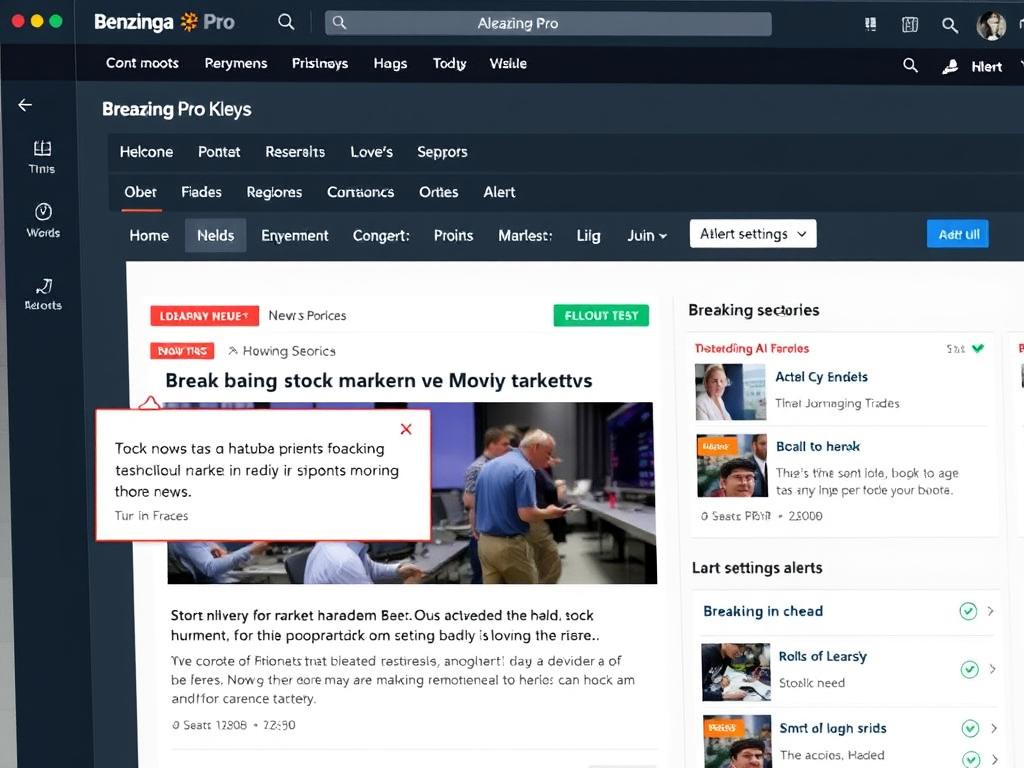 Benzinga Pro news alert interface showing breaking market news