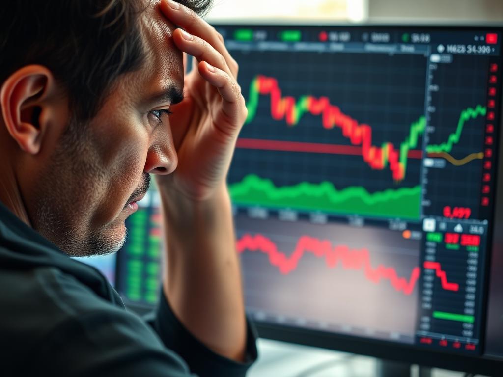 Frustrated trader looking at losing positions on trading screen