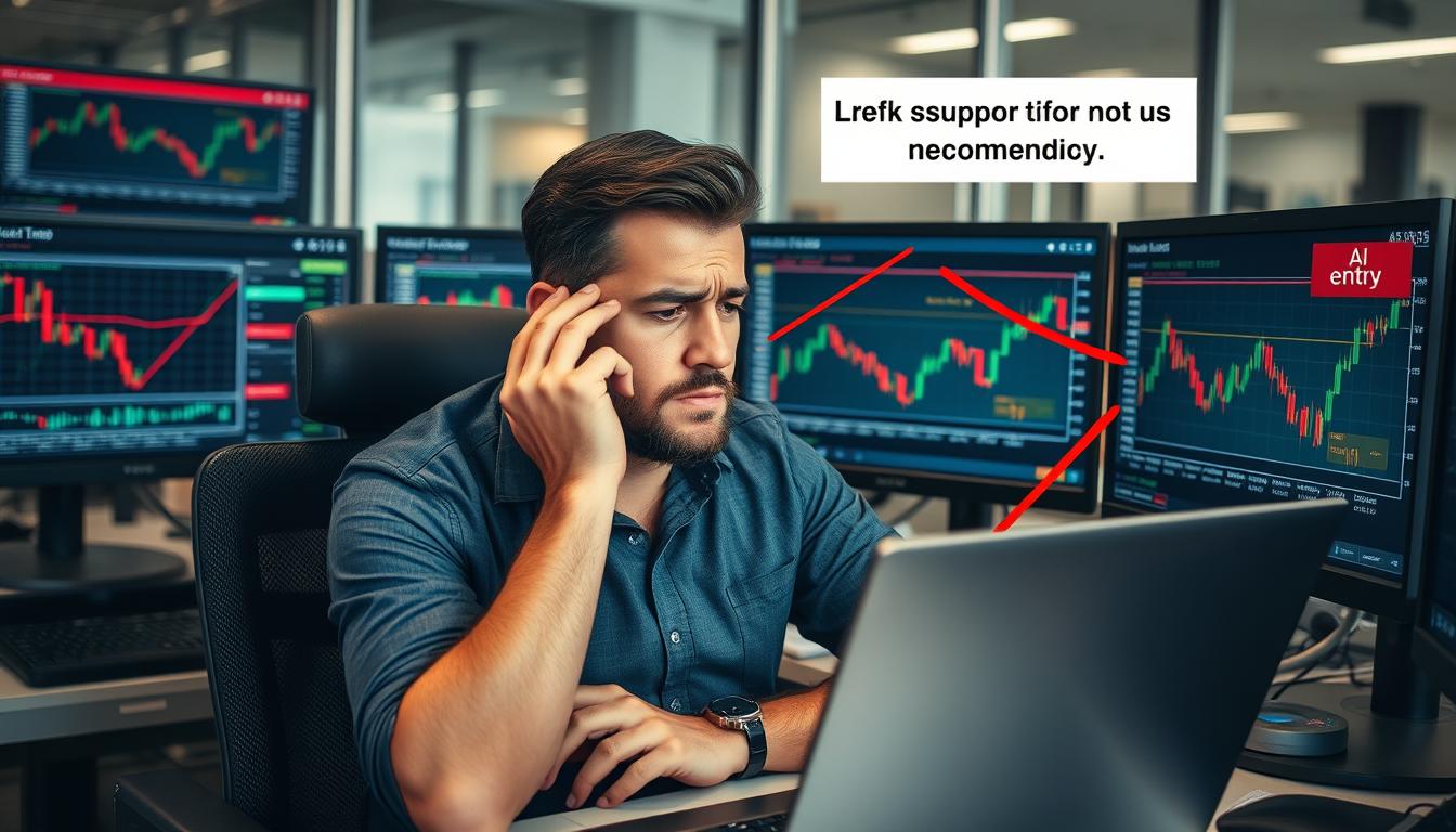 Frustrated trader looking at missed opportunity on trading chart with AI trading indicators highlighted
