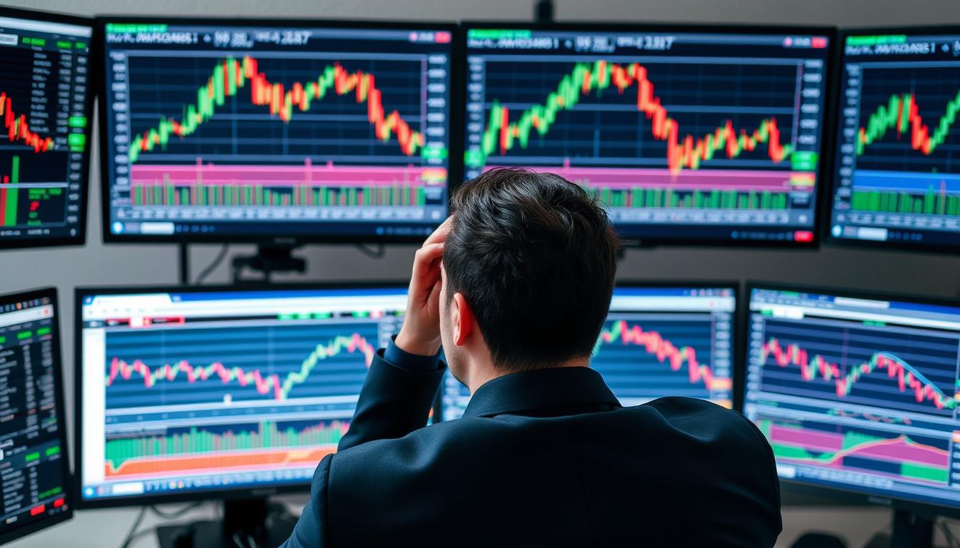 Frustrated trader looking at missed stock opportunity on multiple screens