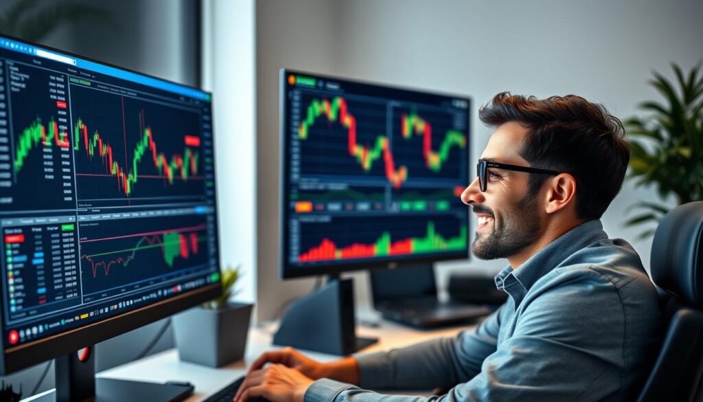 Successful trader reviewing predictive trading tools results