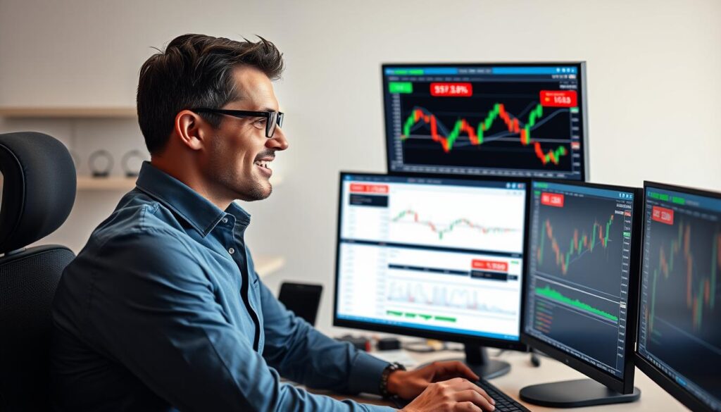 Successful trader using AI trading indicators on multiple monitors Successful trader using AI trading indicators on multiple monitors