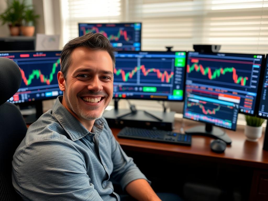 Successful trader using AI trading indicators on multiple monitors Successful trader using AI trading indicators on multiple monitors