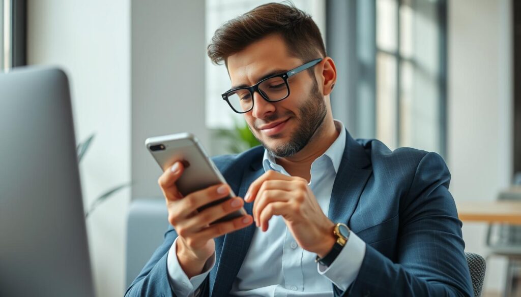Trader confidently checking stock alerts while away from desk