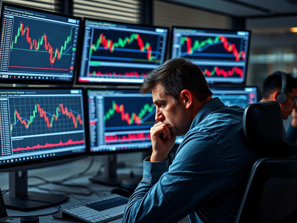 Trader looking frustrated at missed trading opportunity on multiple monitors Trader looking frustrated at missed trading opportunity on multiple monitors