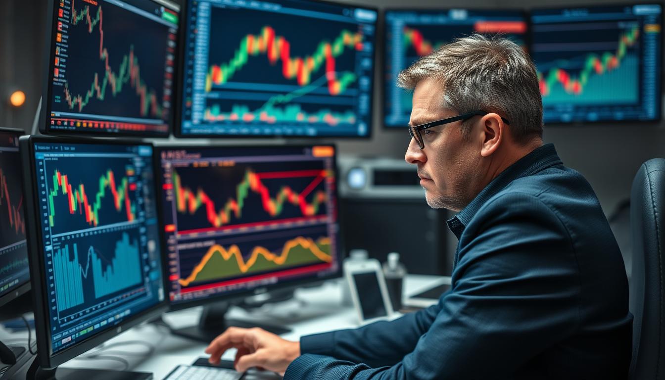 Trader looking frustrated at multiple crypto charts showing technical predictive analysis tools