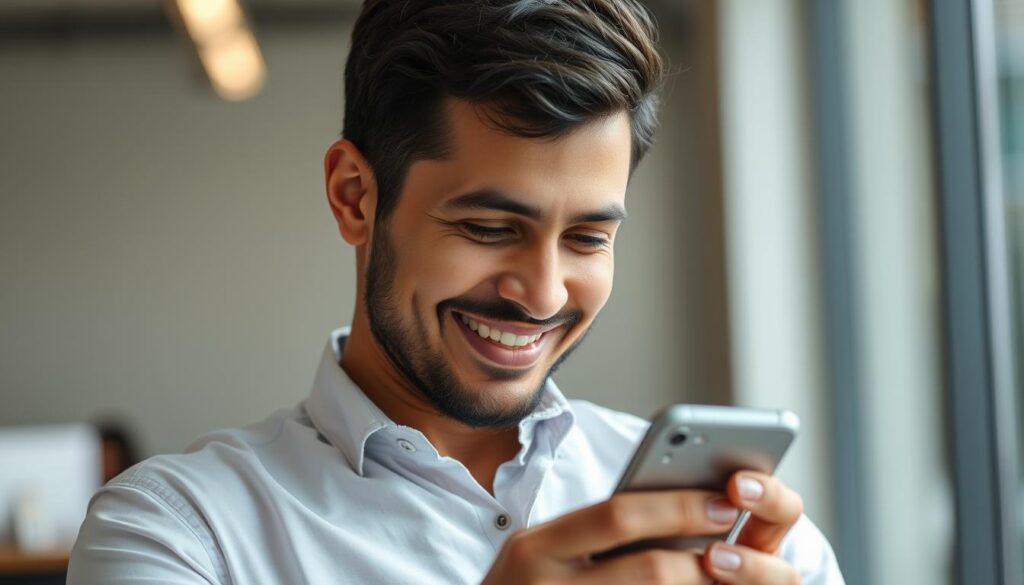 Trader receiving stock alert notification on smartphone while away from desk