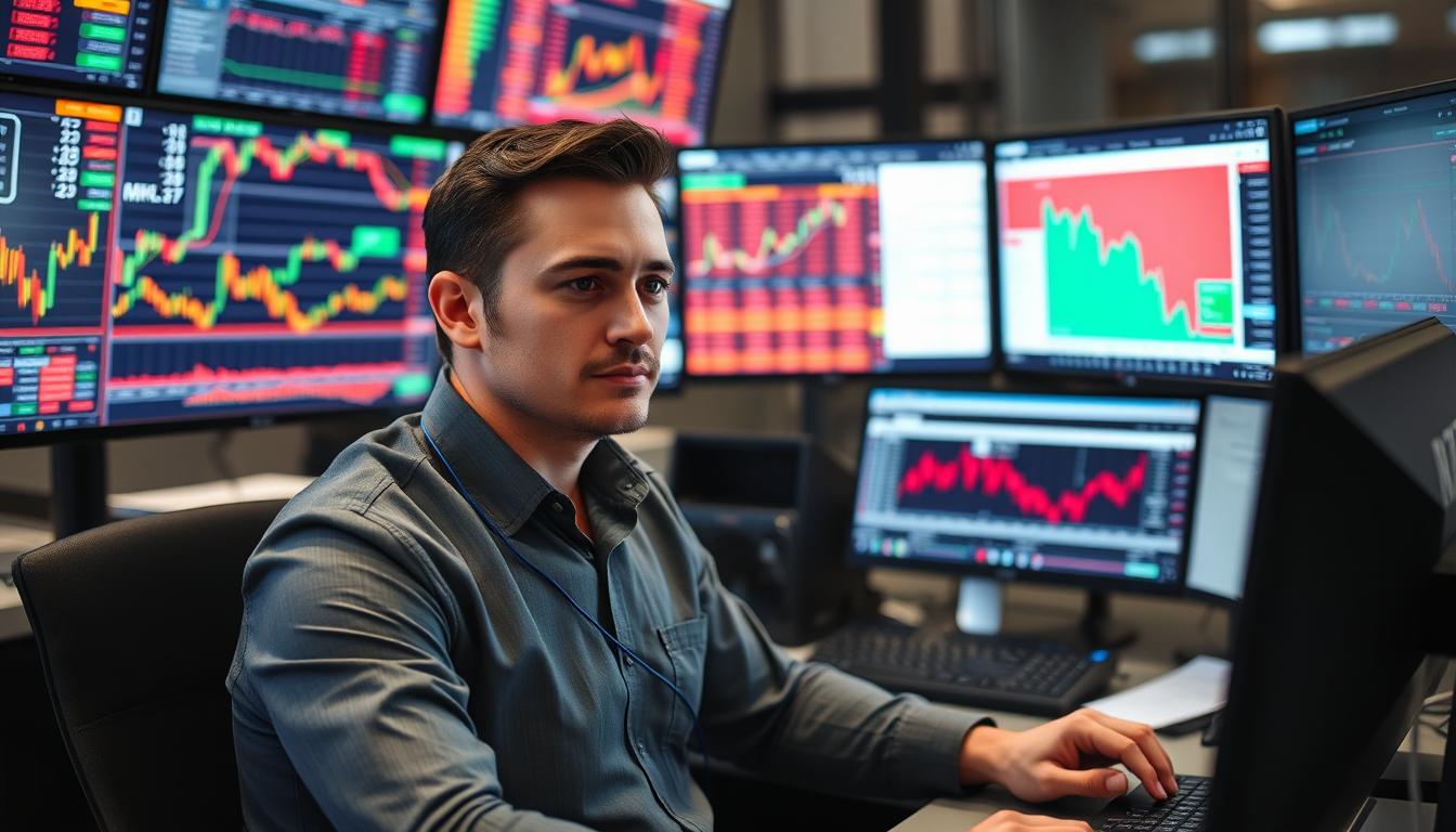 Trader using predictive trading tools with multiple screens showing market analysis