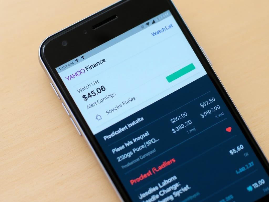 Yahoo Finance mobile app showing watchlist and price alerts